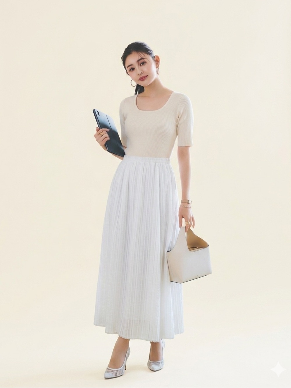 Sea New York Cream Knit Top with White Pleated Madi Skirt Size M